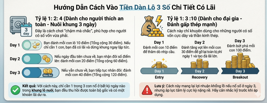 Bảng hướng dẫn cách vào tiền dàn lô 3 số chi tiết có lãi.